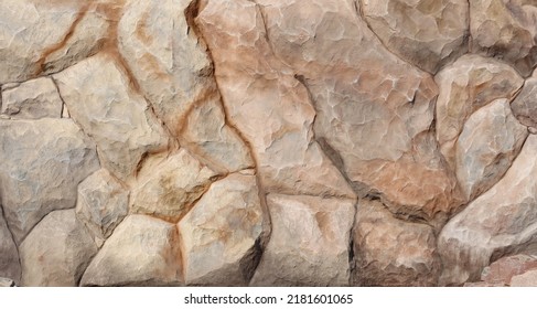 Light Coarse Natural Rock Stone Background. Mining Cliff Rough Front Surface. Big Limestone Stack Backdrop. Heavy Grunge Damaged Granite Block Texture. Crack Antique Medieval Stony Facade For Design