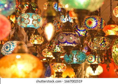 Light Colorful In Istanbul Artwork Marketplace With Stained Glass Lamps, Colorful Oriental Craft Product In Traditional Bazaar.