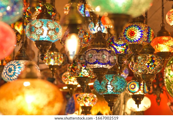 light colorful in istanbul artwork Marketplace\
with stained glass lamps, colorful oriental craft product in\
traditional bazaar.