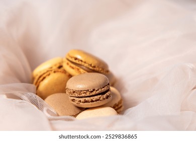 Light creamy French macarons, bright background with soft shadows,Sweet macarons,french macaroons cookies in beige and brown,macarons on pastel beige background  - Powered by Shutterstock