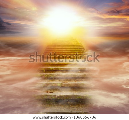 Light in dark sky . Stairs in sky .  Religion for the person . Way to heaven  .  Religious background .  Way to success 