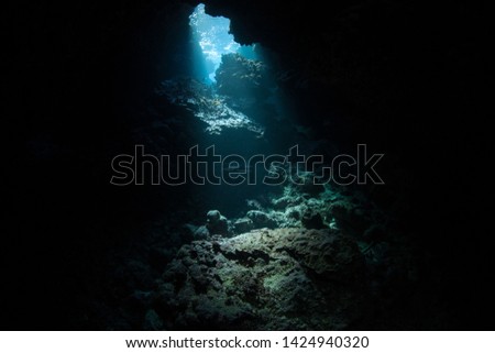 Light descends into the darkness of a submerged cavern in the Solomon Islands. Caves and caverns riddle coral reefs since limestone can be easily eroded.