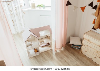 Light Doll House Interior Miniature. View On Children Room In Pastel Neutral Colors