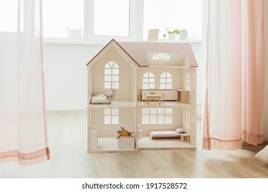 Light Doll house interior miniature. View on children room in pastel neutral colors