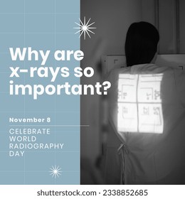Light falling on woman back and why are x-rays so important and celebrate world radiography day text. November 8, composite, x-radiation, discovery, healthcare and awareness concept. - Powered by Shutterstock