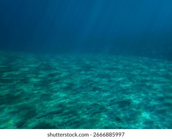 Light filtering down through blue water. Underwater sunlight in deep sea. Light viewed from blue abyss. Underwater sunlight shining deep with ripples on wave surface ocean ray, Under water background.