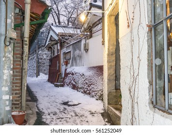 A Light In Front Of Shop In Bukchon Hanok Village In Seoul South Korea. Taken During A Snow Storm