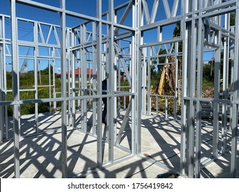 Light Gauge Steel Framing System Used For House Construction. Wall To Be Clad With Fibre Cement Board