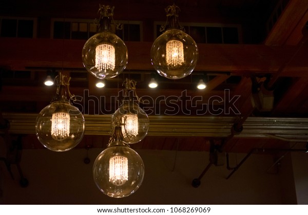 Light Globes Hanging Ceiling Exposed Rafters Stock Image