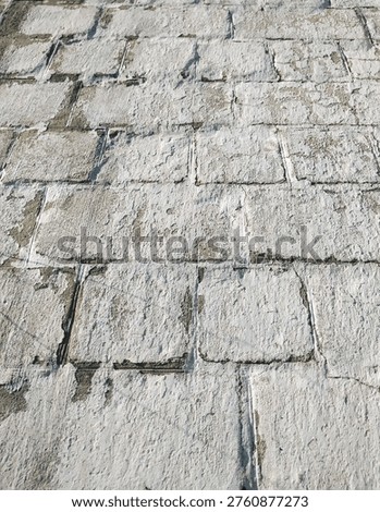 Light gray, almost white cinder block wall covered with lime chalk water-based paint. Old stone surface texture. Close-up.
