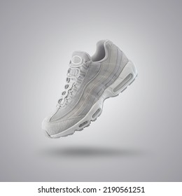 Light Gray sport sneaker  shoe gray gradient background  men's fashion  sport shoe  air  sneakers  lifestyle  concept  product photo   levitation concept  street wear  trainer