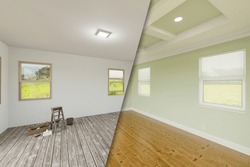 Light Green Before And After Of Master Bedroom Showing The Unfinished And Renovation State Complete With Coffered Ceilings And Molding.