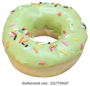 Light Green Doughnut Top With Colorful Of Sugar, Isolated On White Background With Clipping Path.