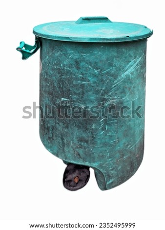 Light green plastic trash bin, dirty plastic recycling bin isolated on white background.