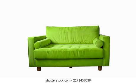 Light Green Sofa With Rollers On Wooden Legs Isolated On White. Apple Green Couch Isolated