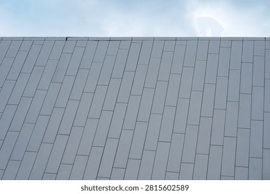 Light grey rectangular cladding panels on a building roof exterior against a cloudy sky.