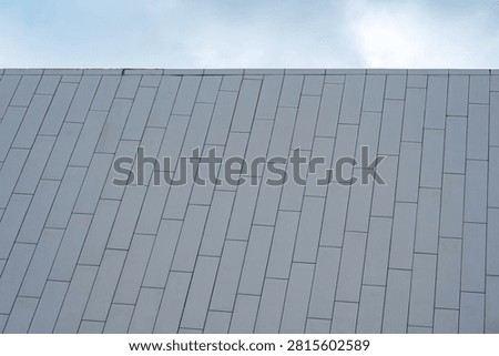 Light grey rectangular cladding panels on a building roof exterior against a cloudy sky.