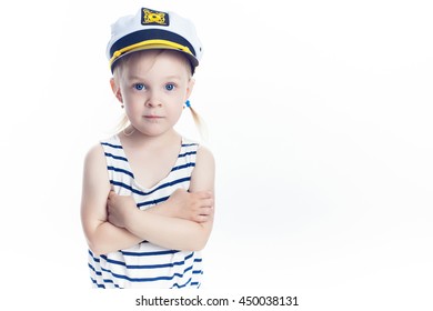 Light Hair Little Girl In Captain Hat Isolated On White Background