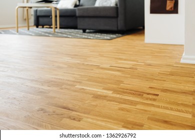 Light Hardwood Parquet Floor In A Living Room In A Low Angle View Looking Towards Furniture In The Background