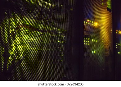 light indicators on the mainframe data center in the dark