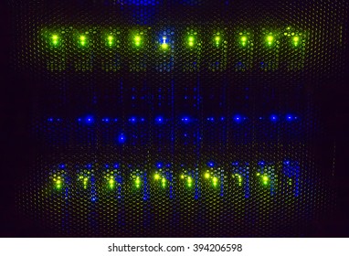 light indicators on the mainframe data center in the dark