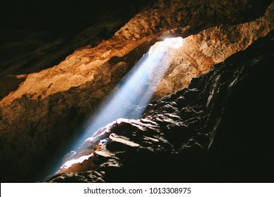 Light inside the Sterkfontein Caves in the  paleoanthropological site Cradle of Humankind in Johannesburg, South Africa