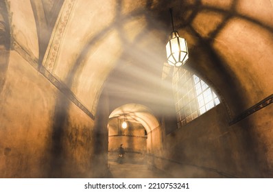 Light From The Lamp And The Shadows In The Mysterious Corridor In The Old Dungeon
