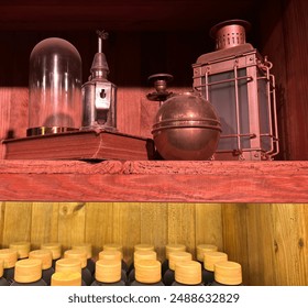 Light lantern objects at wood surface interior