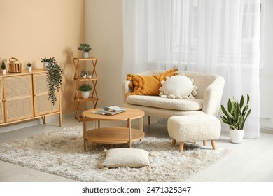 Light living room with white sofa, coffee table, chest of drawers and curtains - Powered by Shutterstock