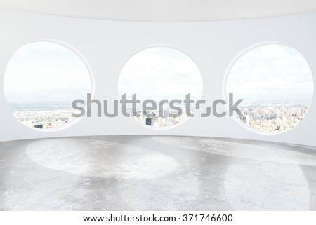 Light loft room with round windows and concrete floor 3D Render