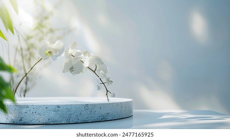 light marble stone podium stand for cosmetics and product display on abstract pastel background with flowers and green leaves