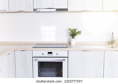 Light Modern Kitchen Interior In Minimalism Style With White Furniture And Appliance, No People, Copy Space