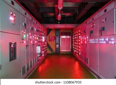 Light On Electrical Room ,Low Voltage Motor Control Center Cabinet In Coal Power Plant. At Nighttime.