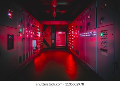  Light On At Electrical Selector Switch,button Switch,Electrical Switch Gear At Low Voltage Motor Control Center Cabinet In Coal Power Plant At Night.