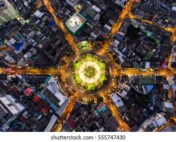 The Light On The Road  Roundabout At Night And The City In Bangkok, Thailand.Aerial View.Top View.