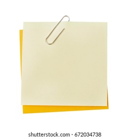 A Light Orange Post It Paper On The Darker Sweet Orange, Stick Together With A Little Silver Paper Clip, Isolated On White Background With Clipping Path 