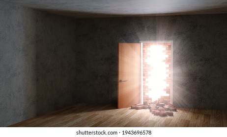 Light And Particles In A Dark Room Through A Break Brick Wall With Opening Door, Freedom Concept