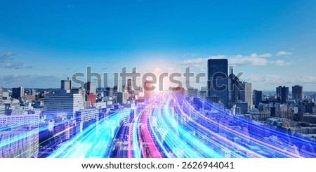 A light path to the future running through modern cities. Wide angle visual for banners or advertisements.