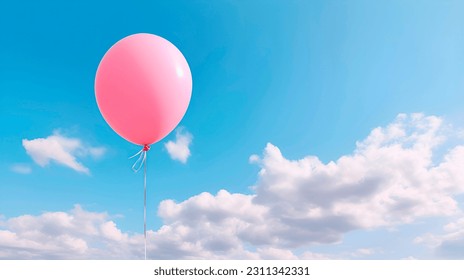 Light pink balloon in blue summer sunny sky. Festive beautiful nature landscape. Hope happiness symbol concept photo