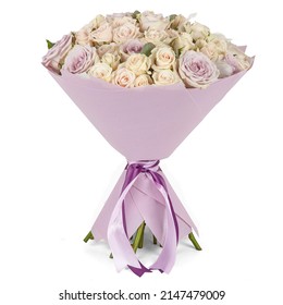 Light Pink Flowers Wedding Bouquet In Paper Cone Over White Background