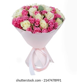 Light pink wedding flower bouquet wrapped in paper cone with ribbon isolated on white background - Powered by Shutterstock