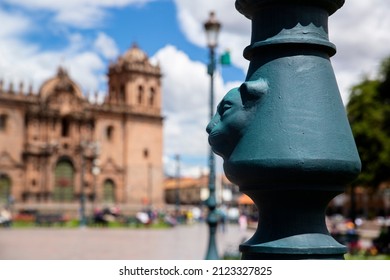 Light Pole With A Puma Sculpture In Cusco Peru. Traditional Light Pole In Peruvian Andes In Cusco Main Square.