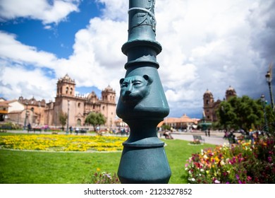 Light Pole With A Puma Sculpture In Cusco Peru. Traditional Light Pole In Peruvian Andes In Cusco Main Square.