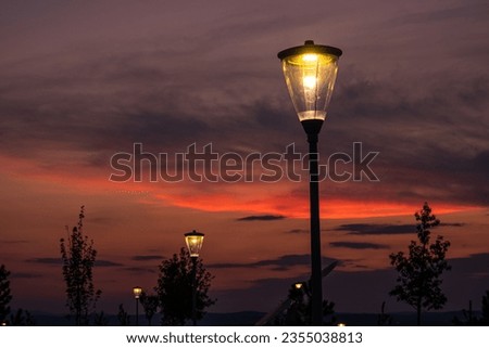 light poles in the park at sunset