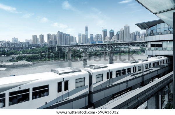 light rail moving on\
railway in chongqing