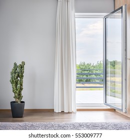 Light Room With Open Balcony Doors, Cactus In Pot Standing On The Floor