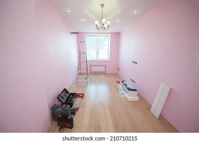 Light Room With Pink Wallpaper Prepared For The Installation Of Air Conditioning