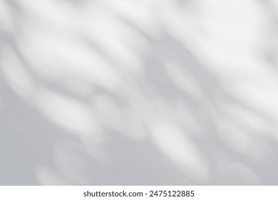 Light and shadow of leaf abstract grey background. Natural shadows and sunshine diagonal refraction on white concrete wall texture. Shadow overlay effect for foliage mockup, banner graphic layout
