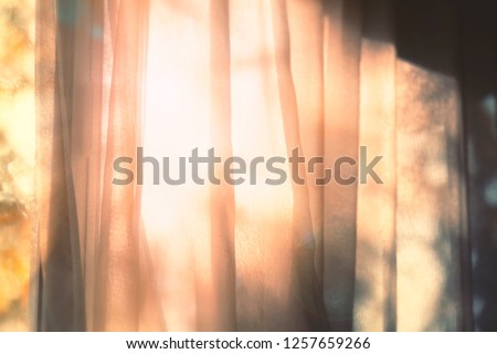The light and shadow of morning climate on the inner silk blinder or curtain. The exotic light pass through the tree the shadow and light ray up on the scene. Morning background concept.Warm tone.