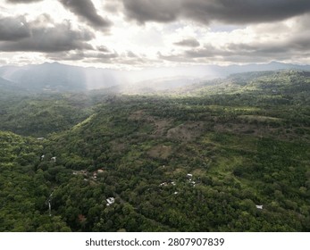 Light shines through clouds over a green hillside filled with trees and houses. The scene shows nature and rural life.